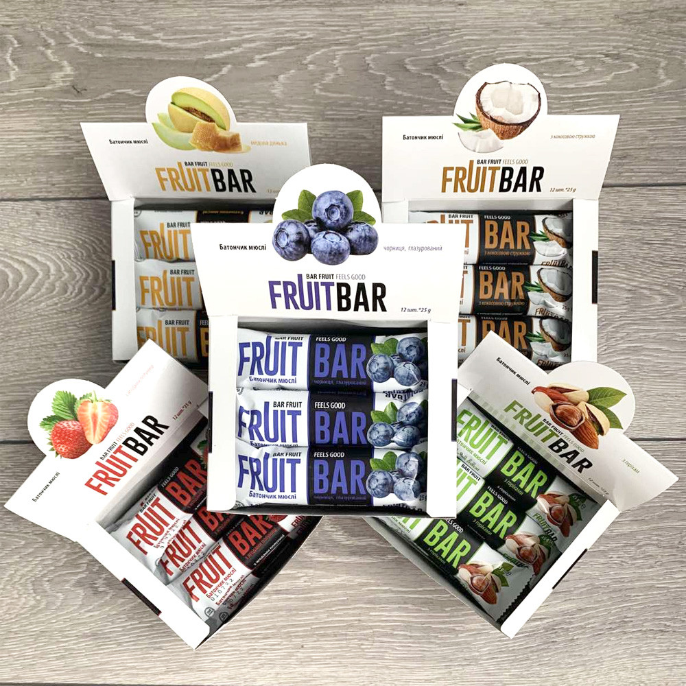 Вітамінні батончики-мюслі Fruit Bar, Шоубокс 12 шт в упаковці, 5 смаків на вибір