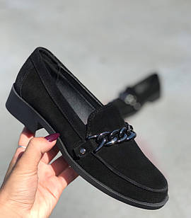 Чорні замшеві туфлі з ланцюгом на невисокому підборі 41