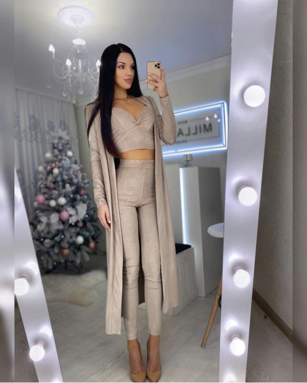 Костюм жіночий трійка Марта із замші кардиган міді, красивий топ та лосини Df3849