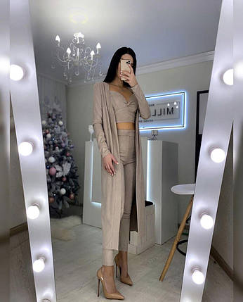 Костюм жіночий трійка Марта із замші кардиган міді, красивий топ та лосини Df3849, фото 2