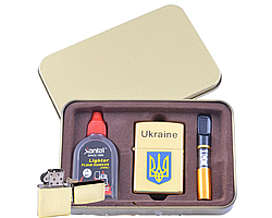 Зажигалка бензиновая в подарочной коробке (Баллончик бензина/Мундштук) Герб Украины №XT-4929-1