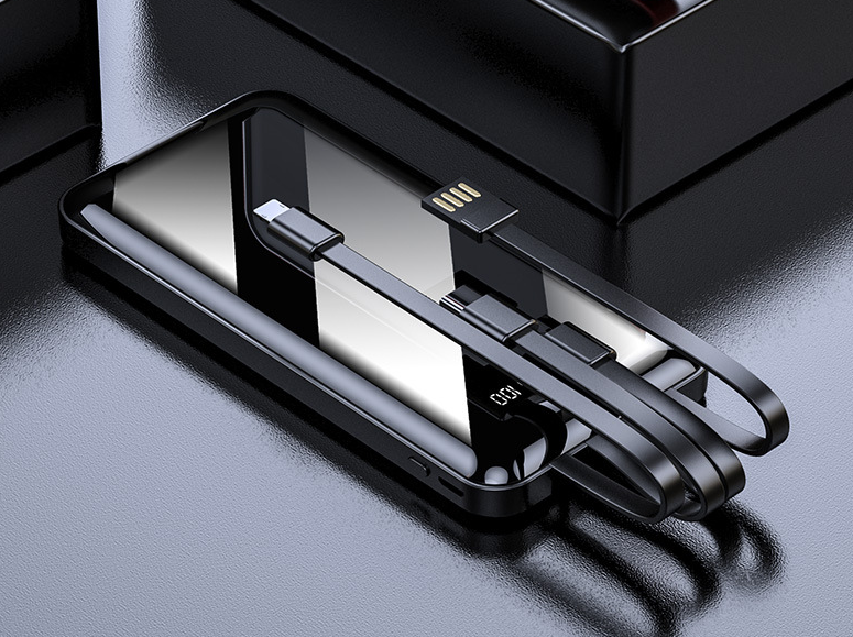Портативний зарядний пристрій Power Bank 20000 mAh дзеркальний екран Цифровий дисплей 4 шнури заряджання Чорний