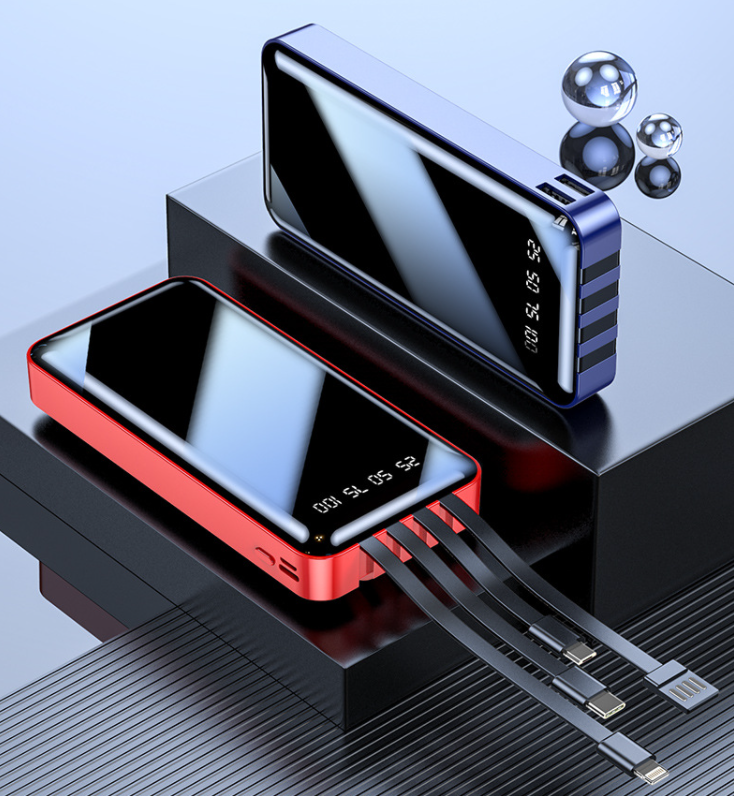 Power Bank 20000 mAh дзеркальний екран Цифровий дисплей 4 шнури зарядки Червоний