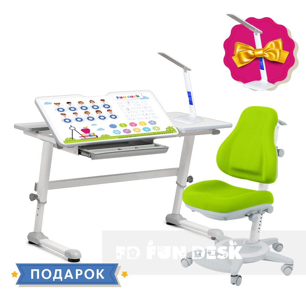 Комплект для дівчинки парта-трансформер FunDesk Trovare Grey + підліткове крісло FunDesk Bravo Green
