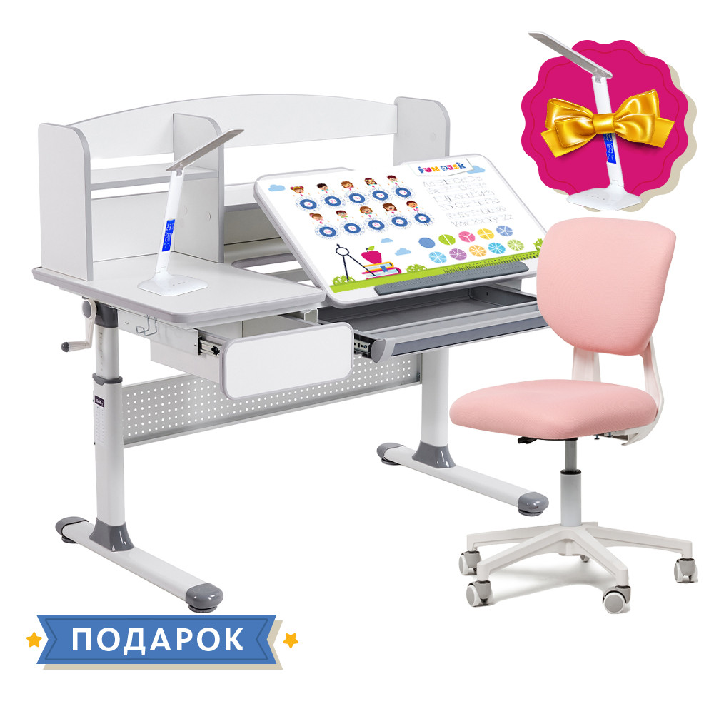 Комплект парта для школярів Cubby Rimu Grey + ергономічне крісло Fundesk Buono Pink