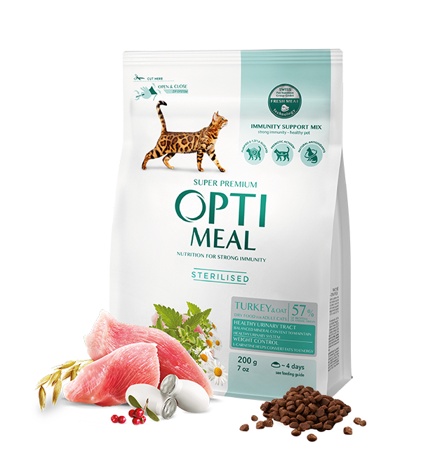 Optimeal Sterilized 200 г з індичкою і вівсом сухий корм для стерилізованих кішок, фото 1