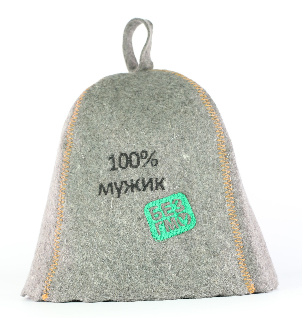 Шапка для сауни з вишивкою '100 % мужик без ГМО ', сіра повсть, Sauna Pro