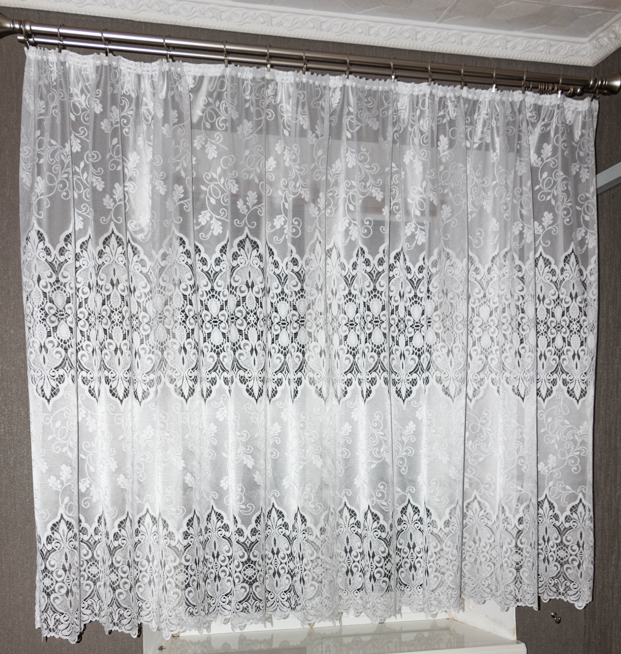 Тюль для кухні коротка біла з візерунком, висота 150 см, тюлева тканина на метраж з пошиттям на замовлення, фото 1