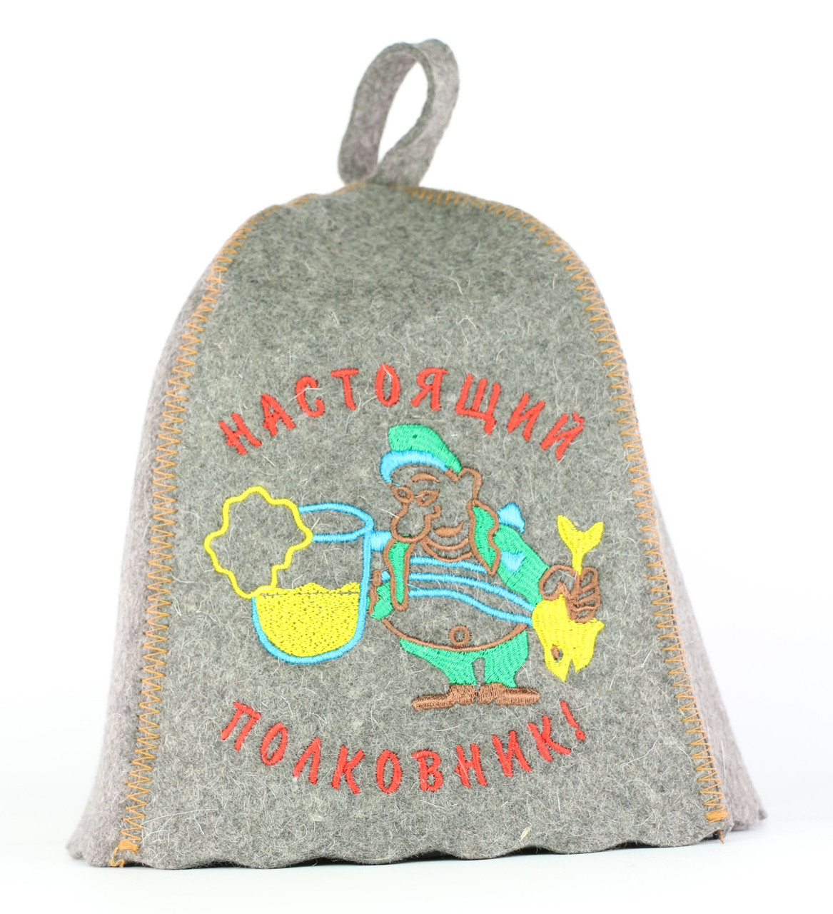 Шапка для сауни з вишивкою "Настоящий полковник" (сіра повсть), Saunapro