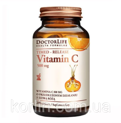 Вітамін C 500 мг Пролонгованої дії 200 таб Doctor Life Vitamin C 500 mg США Доставка з ЄС