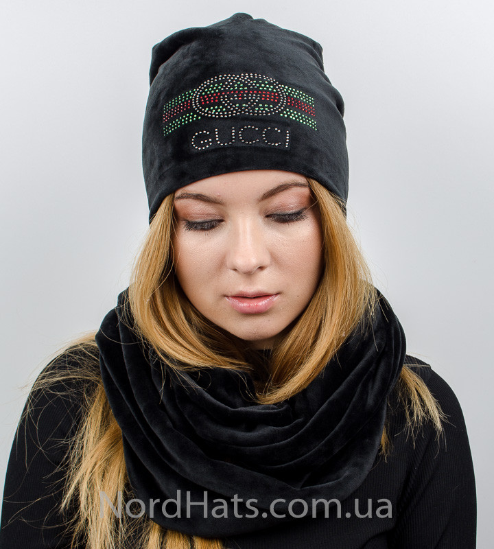 Комплект "Велюр Gucci", шапка+снуд, (Чорний)