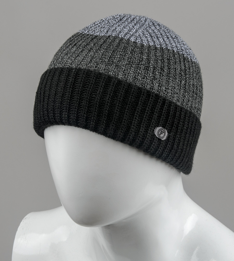 Безшовна чоловіча шапка з відворотом (С2003), Чорний+Сірий