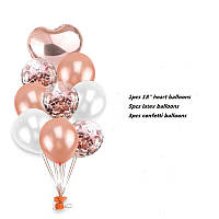 Набор воздушных шаров с конфетти Розовое золото с фольгированным сердцем .9 шт.