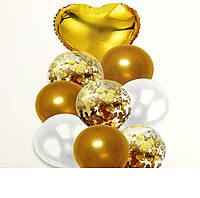 Повітряні золоті кулі з конфеті та фольгованим серцем 10 шт.