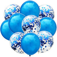Набор шаров синий с конфетти 10 шт, воздушные шарики металлик Gemar