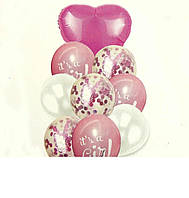 Набор воздушных шаров с конфетти розовый "It's GIRL" с фольгированным сердцем . 10 шт