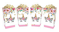 Коробочки для солодощів Єдиноріг у квітах, склянки для попкорну паперові з малюнком 5 штук