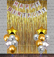 Фотозона для Дня Рождения золотая комплект с белой гирляндой 14 шаров