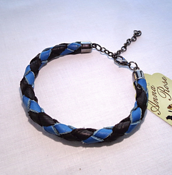 Шкірянийі синій та чорний плетений браслет ручної роботи "Діагональ"