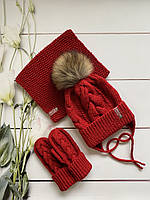 Зимний тёплый вязаный набор шапка на завязках с натуральным меховым бубоном вязаный снуд хомут шарф ручной раб