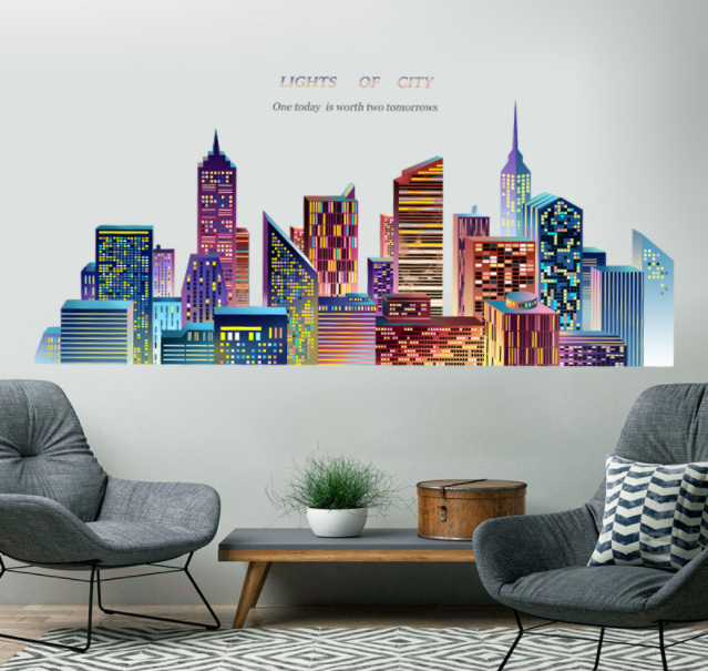 Уцінка! Наклейка на стіну, двері, вітрини "місто, будинки LIGHTS OF CITY" 170 см*78 см (2листа 60*90см)
