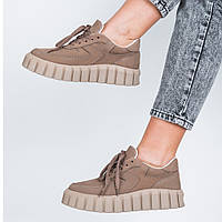 Кросівки жіночі бежеві демісезонні на масивній високій підошві осінь весна з нубуку