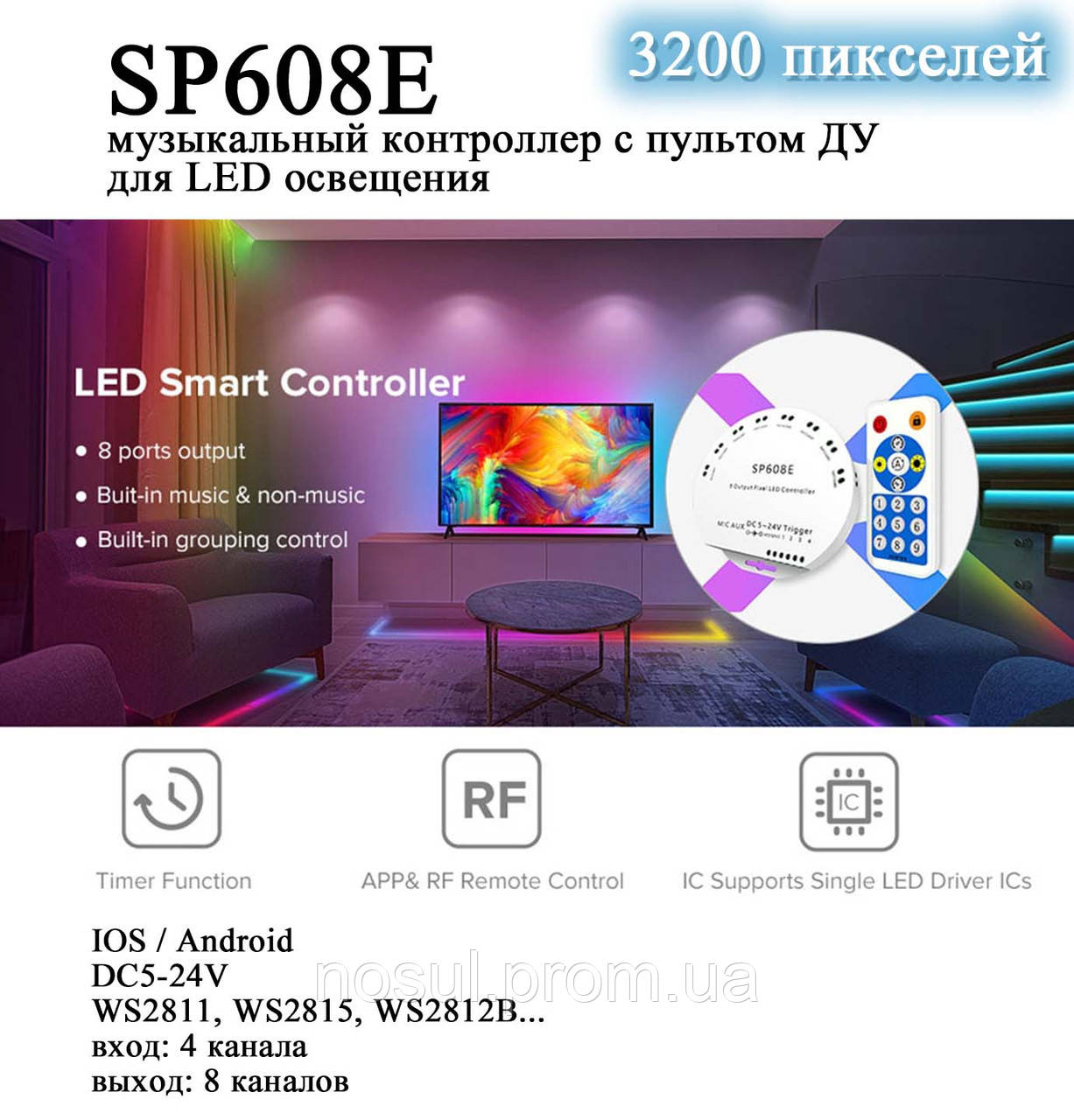 SP608E музыкальный контроллер с пультом ДУ для LED освещения 4-х канальный(для адресных лент и панелей WS2811, - фото 1 - id-p1459608949