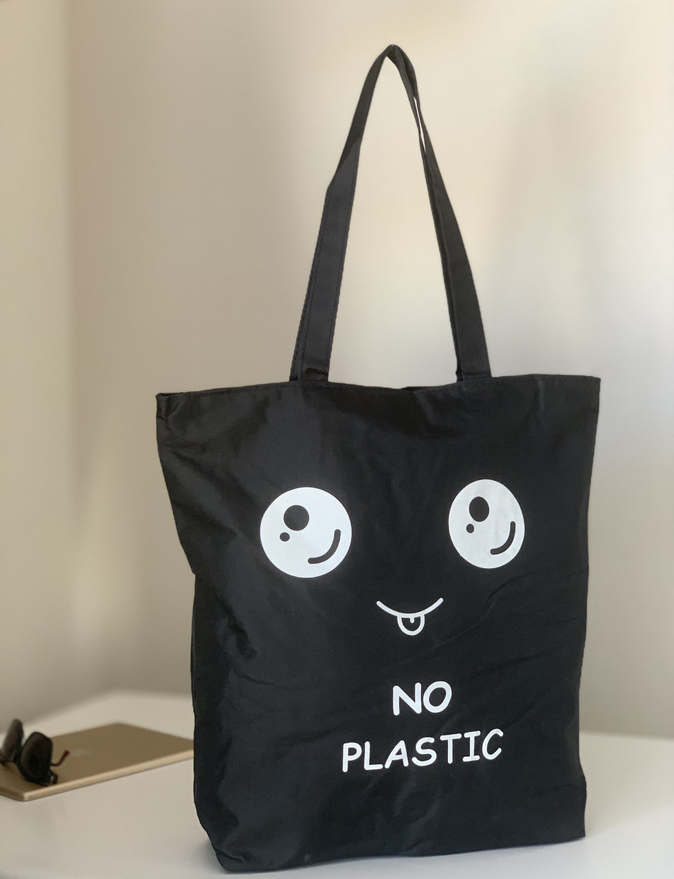 Сумка шоппер тканинна чорна екосумка з принтом на блискавці No plastic