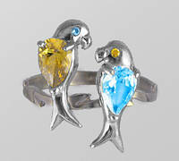 Кольцо женское серебряное Два Попугая