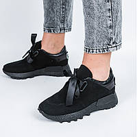 Кросівки жіночі чорні демісезонні осінь весна з натуральної замші з бантиком