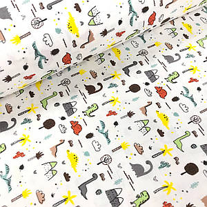 Тканина муслін Двошарова дрібні динозаври з пальмами, листочками, пагорбами на білому (шир. 1,6 м) (MS-FR-0041)