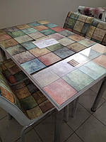 Раскладной стол обеденный кухонный комплект стол и стулья рисунок 3д "Зеленые квадраты" стекло 70*110 Лотос-М