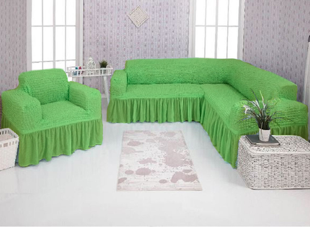 Чохли для меблів Milano кутовий диван та крісло жатка з оборкою Салатовий, фото 1