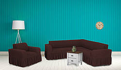 Чохли для меблів Milano кутовий диван та крісло буклированный жаккард з оборкою Коричневий