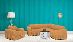 Чохли для меблів Milano кутовий диван та крісло буклированный жаккард з оборкою Золотисто - бежевий