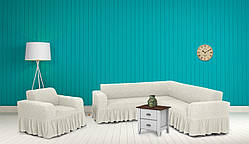 Чохли для меблів Milano кутовий диван та крісло буклированный жаккард з оборкою Кремовий