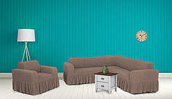 Чохли для меблів Milano кутовий диван та крісло буклированный жаккард з оборкою Какао