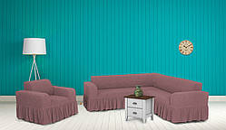 Чохли для меблів Milano кутовий диван та крісло буклированный жаккард з оборкою Пудровий