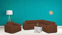 Чохли для меблів Milano кутовий диван та крісло буклированный жаккард з оборкою Гарячий шоколад
