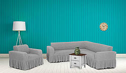 Чохли для меблів Milano кутовий диван та крісло буклированный жаккард з оборкою Сірий