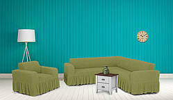 Чохли для меблів Milano кутовий диван та крісло буклированный жаккард з оборкою Оливковий