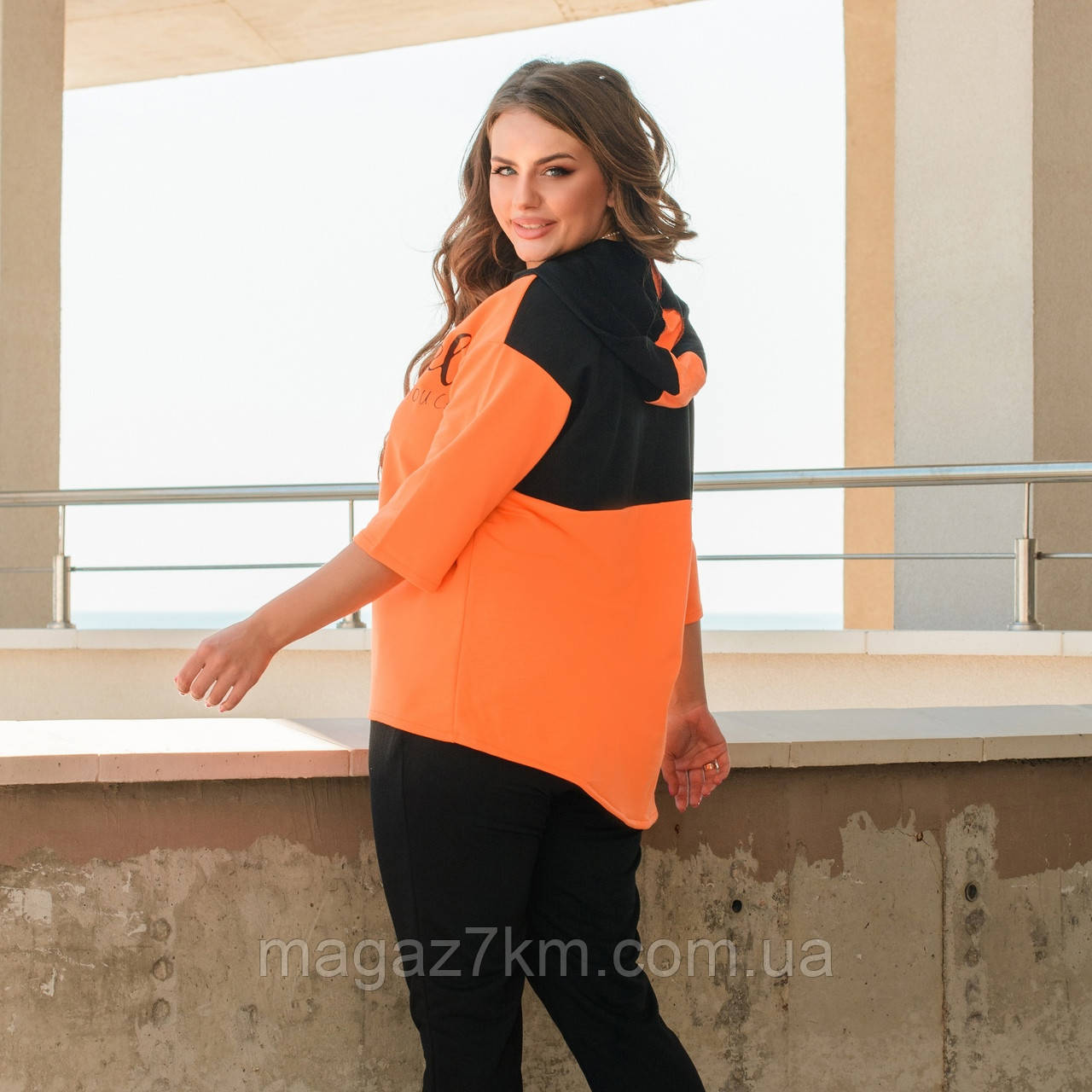 Спортивный костюм женский с капюшоном . кофта на молнии с рукавом три четверти +брюки .в больших размерах оранж, 58-60 - фото 2 - id-p1459797599
