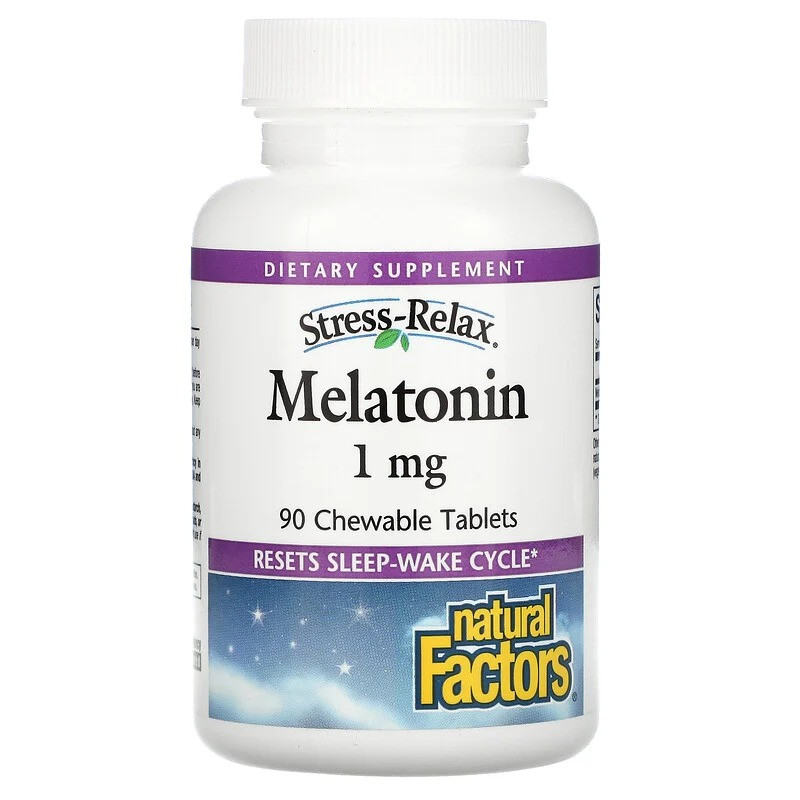 Мелатонін Natural Factors, Stress-Relax "Melatonin" зі смаком м'яти, 1 мг (90 жувальних таблеток), фото 1