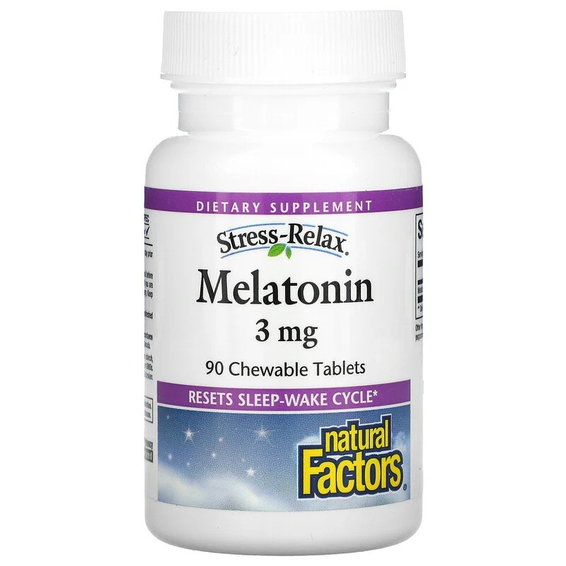 Мелатонін Natural Factors, Stress-Relax "Melatonin" зі смаком м'яти, 3 мг (90 жувальних таблеток), фото 1