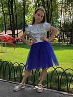 Дитяча пишна спідниця на дівчинку з фатину синього кольору двошарова р.104-170