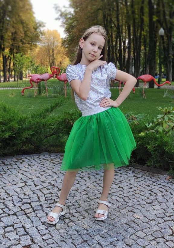 Пишна спідничка з фатину зеленого кольору на дівчинку двошарова р.104-170