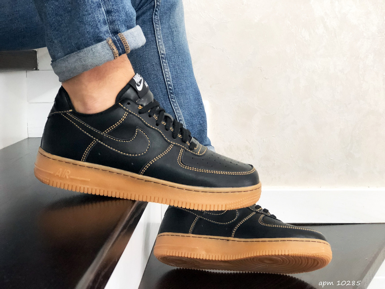 Чоловічі шкіряні кросівки Nike Air Force Af 1 чорні з коричневим