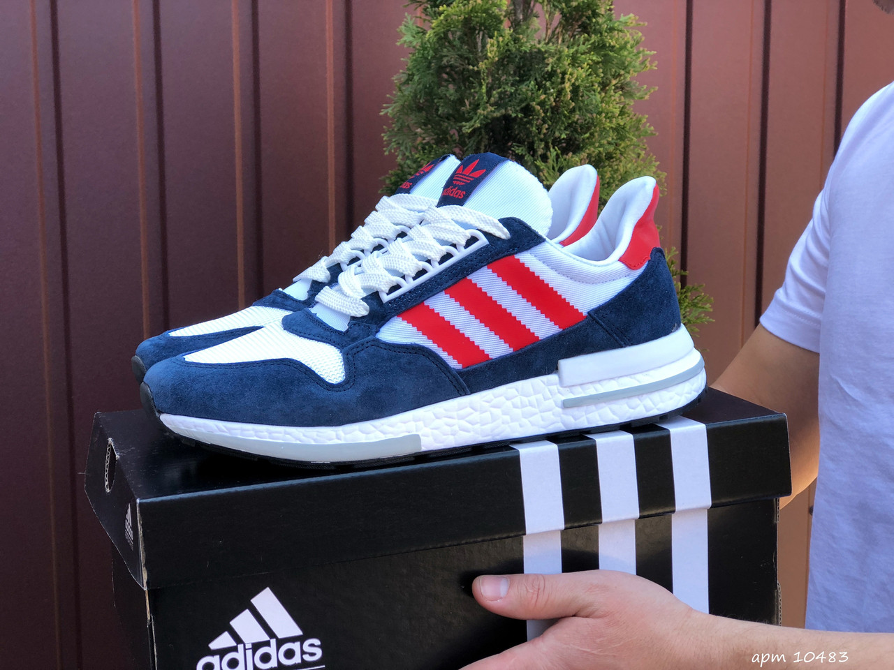 Чоловічі кросівки Adidas Zx 500 Rm білі з синім \ червоні 44