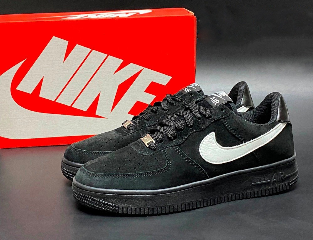 Чоловічі шкіряні кросівки Nike Air Force Af 1 чорні з білим