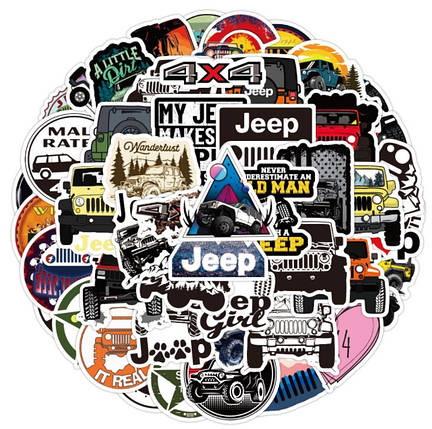 Набір водовідштовхувальних стикерів наклейок Позашляховики Jeep вінілові наклейки на авто телефон ноут 50 шт., фото 1